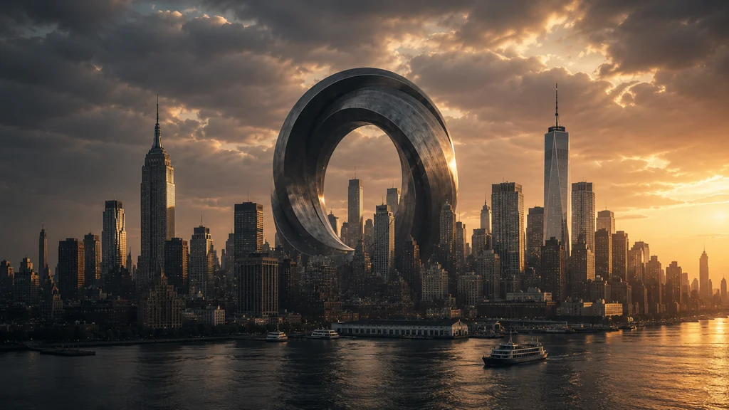 Onyx artifact above the Manhattan skyline